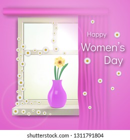 Congratulations on International Women's Day. On a sunny morning on the window stands a flower in a vase. On the chamomile frame. Bright sun shines bringing joy. Vector illustration.