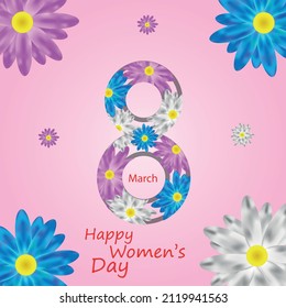 congratulations on international women's day on march 8. figure eight laid out of daisies on a pink background