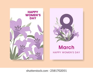 Congratulations on International Women's Day March 8, floral card with lilies. Poster for March 8, party invitation, banner with advertising. Vector.