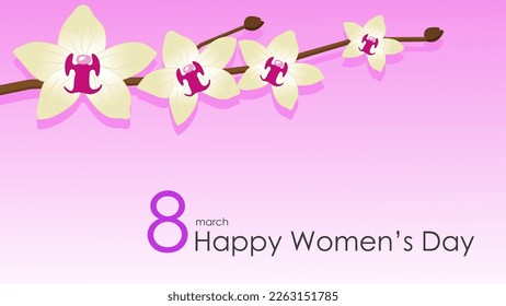 Congratulations on March 8 with a branch of a yellow orchid and a purple gradient. Vector illustration