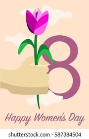 Congratulations on March 8. Congratulatory drawing with a happy International Women's Day. Banner design template, vector illustration. Postcard with nice words and multicolor tulips.