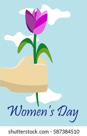 Congratulations on March 8. Congratulatory drawing with a happy International Women's Day. Banner design template, vector illustration. Postcard with nice words and multicolor tulip.