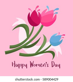 Congratulations on March 8. Congratulatory drawing with a happy International Women's Day. Banner design template, vector illustration. Postcard with nice words and multicolor tulips.