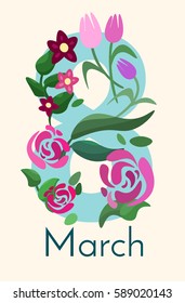 Congratulations on March 8. Congratulatory drawing with a happy International Women's Day. Banner design template, vector illustration. Postcard with nice words and multicolor flowers.