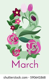 Congratulations on March 8. Congratulatory drawing with a happy International Women's Day. Banner design template, vector illustration. Postcard with nice words and multicolor tulips.