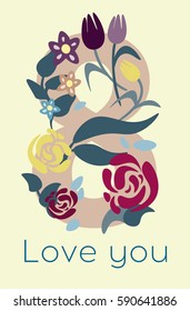 Congratulations on March 8. Congratulatory drawing with a happy International Women's Day. Banner design template, vector illustration. Postcard with nice words and multicolor tulips.