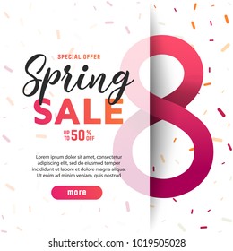 Congratulations on March 8 .Paper art of  Spring origami sale banner   set concept. 50 percent discount