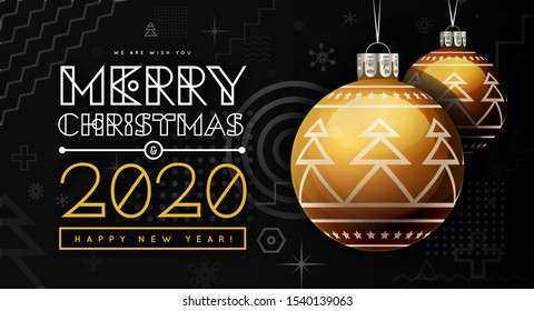 Herzlichen Glückwunsch zu Neujahr 2020 und Weihnachten mit goldenen Weihnachtsbällen mit einem trendigen Design auf dem Hintergrund. Geometrische Memphis-Designelemente. Vektorgrafik-Gold auf Schwarz