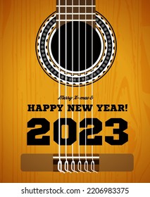 Congratulations on the new year 2023. Classical acoustic guitar close-up. Vector illustration