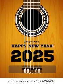 Congratulations on the new year 2025. Classical acoustic guitar close-up. Vector illustration
