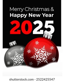 Congratulations on the New Year 2025 on the background of Christmas tree balls. Vector illustration on black background