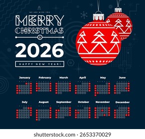 Congratulations on the New Year 2025 on the background of Christmas tree balls. Vector simple illustration on dark black background with calendar