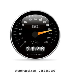 Parabéns pelo Ano Novo 2026 pelo fundo do contador velocímetro. Ilustração vetorial isolada no plano de fundo branco
