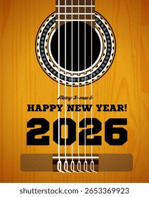 Felicidades por el nuevo año 2026. Primer plano de la guitarra acústica Clásica. Ilustración vectorial