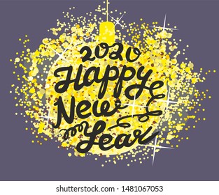 Congratulations on the New Year with glitter on golden sphere