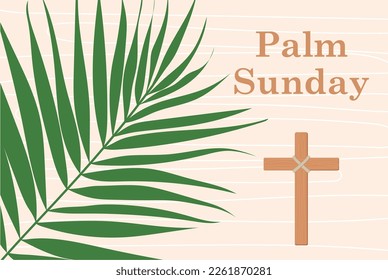 Congratulations on Palm Sunday, Easter and the Resurrection of Christ. Palm Sunday banner as religious holidays background. Christian Cross.