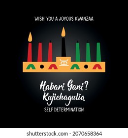 Congratulations on the second day of Kwanzaa. Questions in Swahili: How are you. Traditional greetings during Kwanzaa. Kujichagulia means Self-Determination. African American holidays card