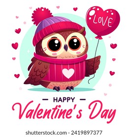 Felicitaciones por el día de San Valentín, postal, pegatina. Un búho de dibujos animados con un globo y corazones. Feliz Día de San Valentín. Ilustración infantil lindo búho con corazón adorable. Imprimir para tarjeta de regalo