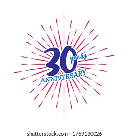 Congratulations on the thirtieth anniversary. Editable vector illustration. Number 30 on the background of fireworks
