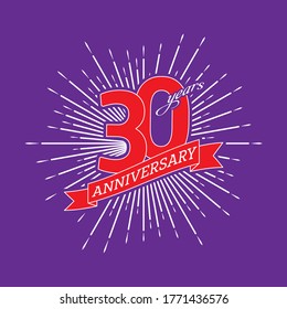 Congratulations on the thirtieth anniversary. Editable vector illustration. The number 30 on the background of a salute with a congratulatory red ribbon