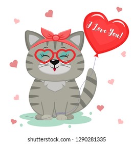 Congratulations on Valentine s Day. Cute gray kitten sitting in the bezel. Paw holding a heart shaped balloon with text I love you. Flat design, cartoon style, vector.