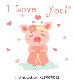 Congratulations on Valentine s Day. Cute pig in a dress and a bezel with a flower on the background of hearts. Flat design, cartoon style, vector.