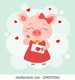 Congratulations on Valentine s Day. A piglet in love in a red dress and a bow holds an envelope with a heart. Flat design, cartoon style, vector.