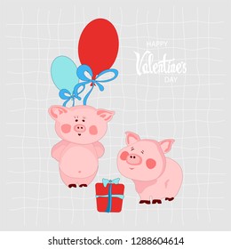 Congratulations on Valentine's Day. Piglets with balloons, Boxed gift.