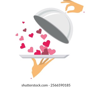 Congratulations on Valentine's Day. Serving festive dishes. Special menu offer for a restaurant. For lovers, hearts on Valentine's Day