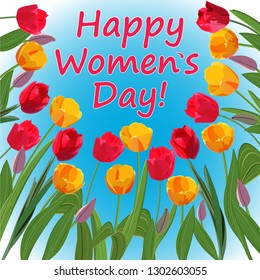 congratulations on Women's Day in a frame of bright yellow and red tulips on a blue background