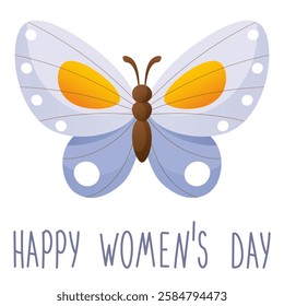 Congratulations on Women's Day, March 8. A colorful card with a blue butterfly with yellow spots. International Women's Day.