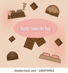 Congratulations on World Chocolate Day. Many kinds of chocolate and sweets. The background is pink. Depicted a whole collection of sweet.