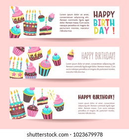 Congratulations on your birthday. Beautiful cute cakes and candlelight cakes. Vector illustration.