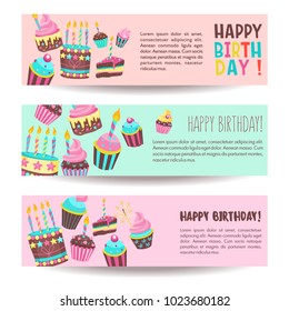 Congratulations on your birthday. Beautiful cute cakes and candlelight cakes. Vector illustration.