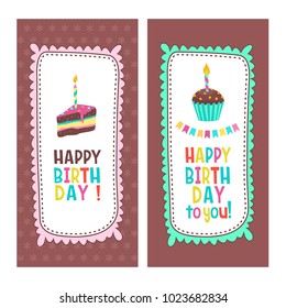 Congratulations on your birthday. Beautiful cute cakes and candlelight cakes. Hand drawn frames. Vector illustration.
