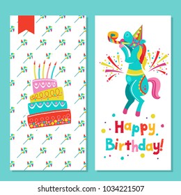 Congratulations on your birthday. Invitation to a festive party. Funny circus horse and a birthday cake.  Bright colorful clipart. Vector illustration.