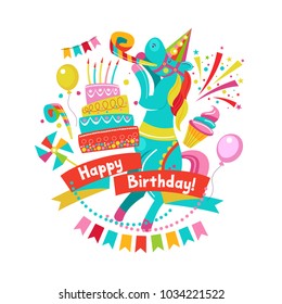 Congratulations on your birthday. Invitation to a festive party.   Bright colorful clipart. Vector illustration.