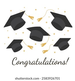 Congratulations on your graduation. Graduation caps with tassels in the air. Vector illustration