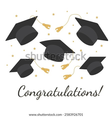 Congratulations on your graduation. Graduation caps with tassels in the air. Vector illustration