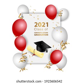 Congratulations On Your Graduation. Class Of 2021. Graduation Cap And Confetti And Balloons. Congratulatory Banner In Red. Academy Of Education School Of Learning