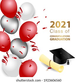 Congratulations On Your Graduation. Class Of 2021. Graduation Cap And Confetti And Balloons. Congratulatory Banner In Red. Academy Of Education School Of Learning