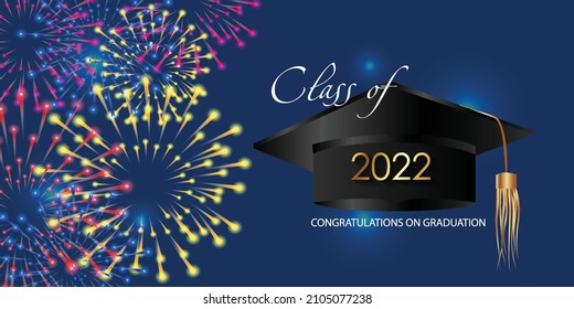 Congratulations on your graduation. Class of 2022. Graduation cap and confetti and balloons. Congratulatory banner. Academy of Education School of Learning	