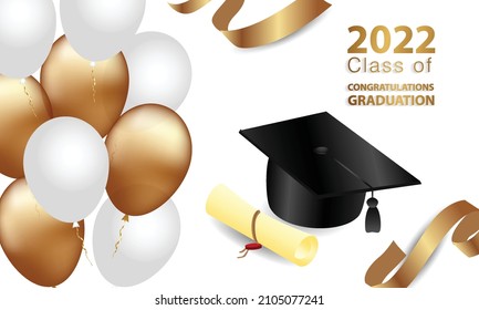 Congratulations on your graduation. Class of 2022. Graduation cap and confetti and balloons. Congratulatory banner. Academy of Education School of Learning	