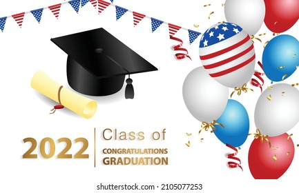 Congratulations on your graduation. Class of 2022. Graduation cap and confetti and balloons. Congratulatory banner. Academy of Education School of Learning	