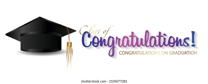 Congratulations on your graduation. Class of 2022. Graduation cap and confetti and balloons. Congratulatory banner. Academy of Education School of Learning	