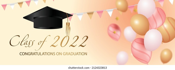 Congratulations on your graduation. Class of 2022. Graduation cap and confetti and balloons. Congratulatory banner in blue. Academy of Education School of Learning	
