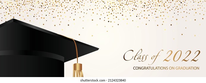 Congratulations on your graduation. Class of 2022. Graduation cap and confetti and balloons. Congratulatory banner in blue. Academy of Education School of Learning	
