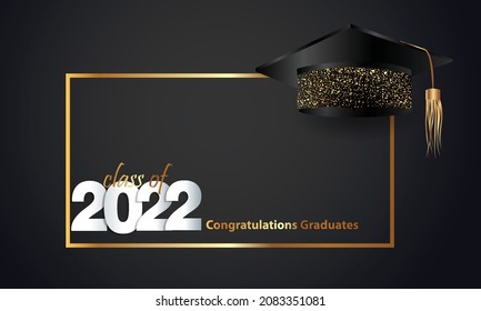Congratulations on your graduation from school. Class of 2022. Graduation cap, confetti and balloons. Congratulatory banner. Academy of Education School of Learning