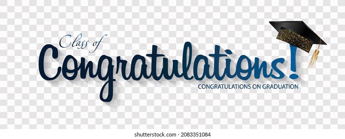 Congratulations on your graduation from school. Class of 2022. Graduation cap, confetti and balloons. Congratulatory banner. Academy of Education School of Learning