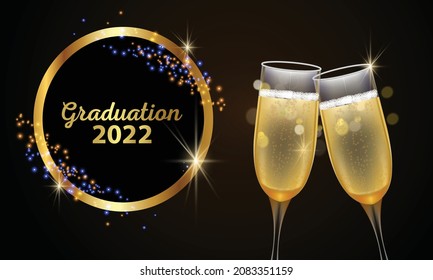 Congratulations on your graduation from school. Class of 2022. Graduation cap, confetti and balloons. Congratulatory banner. Academy of Education School of Learning